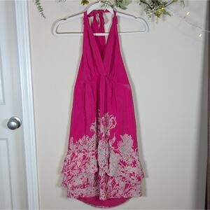 Banana Republic Heritage Pink Silk Floral Ruffle Halter Dress Barbiecore Girlie